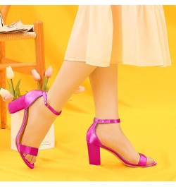 Women's Satin Open Toe Ankle Strap Chunky Heels Sandals Hot Pink $25.84 Sandals