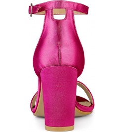 Women's Satin Open Toe Ankle Strap Chunky Heels Sandals Hot Pink $25.84 Sandals