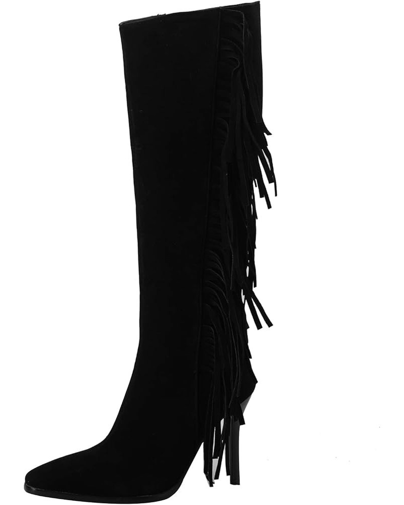 Women Stiletto Heels Fringe Knee High Boots Side Zip Black $28.12 Boots