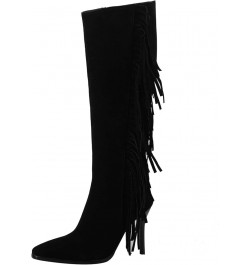 Women Stiletto Heels Fringe Knee High Boots Side Zip Black $28.12 Boots