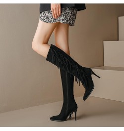 Women Stiletto Heels Fringe Knee High Boots Side Zip Black $28.12 Boots