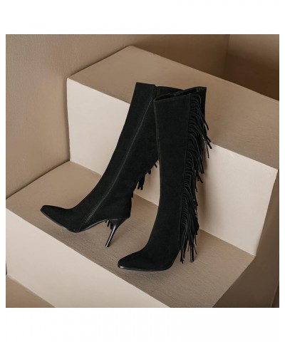 Women Stiletto Heels Fringe Knee High Boots Side Zip Black $28.12 Boots