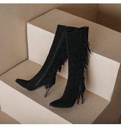 Women Stiletto Heels Fringe Knee High Boots Side Zip Black $28.12 Boots