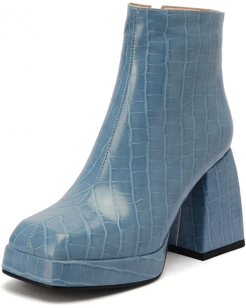 Women Chelsea Zip Square Toe Fashion Chunky Heels Platform Ankle Boots Blue Fur Inner $27.53 Boots