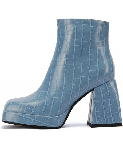 Women Chelsea Zip Square Toe Fashion Chunky Heels Platform Ankle Boots Blue Fur Inner $27.53 Boots