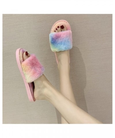 Winter Women Home Slippers with Faux Fur Fashion Warm Shoes Female Rainbow Plush Cotton Slippers 1-Word Wool Slippers (Color ...