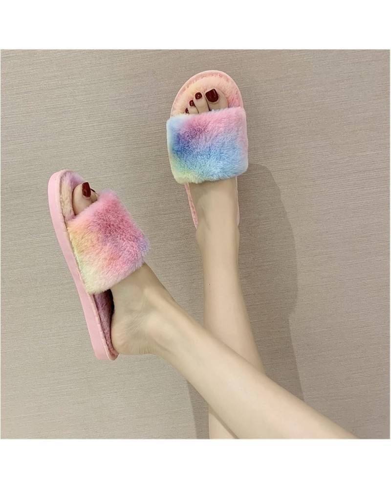 Winter Women Home Slippers with Faux Fur Fashion Warm Shoes Female Rainbow Plush Cotton Slippers 1-Word Wool Slippers (Color ...