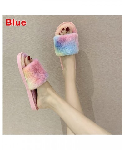 Winter Women Home Slippers with Faux Fur Fashion Warm Shoes Female Rainbow Plush Cotton Slippers 1-Word Wool Slippers (Color ...