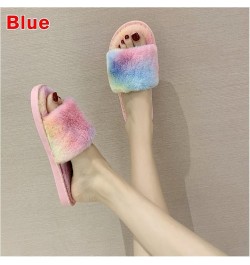 Winter Women Home Slippers with Faux Fur Fashion Warm Shoes Female Rainbow Plush Cotton Slippers 1-Word Wool Slippers (Color ...