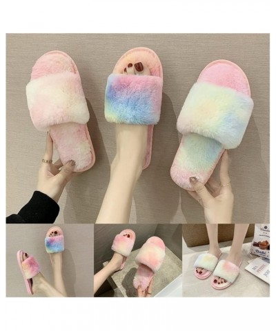 Winter Women Home Slippers with Faux Fur Fashion Warm Shoes Female Rainbow Plush Cotton Slippers 1-Word Wool Slippers (Color ...