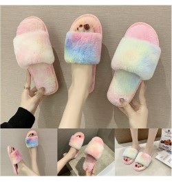 Winter Women Home Slippers with Faux Fur Fashion Warm Shoes Female Rainbow Plush Cotton Slippers 1-Word Wool Slippers (Color ...