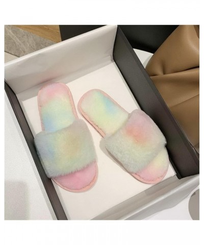 Winter Women Home Slippers with Faux Fur Fashion Warm Shoes Female Rainbow Plush Cotton Slippers 1-Word Wool Slippers (Color ...