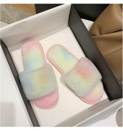 Winter Women Home Slippers with Faux Fur Fashion Warm Shoes Female Rainbow Plush Cotton Slippers 1-Word Wool Slippers (Color ...