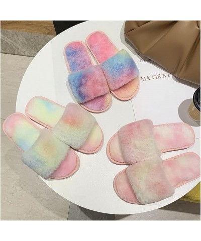 Winter Women Home Slippers with Faux Fur Fashion Warm Shoes Female Rainbow Plush Cotton Slippers 1-Word Wool Slippers (Color ...