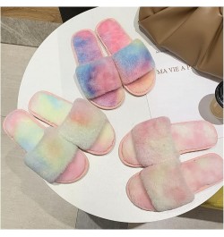 Winter Women Home Slippers with Faux Fur Fashion Warm Shoes Female Rainbow Plush Cotton Slippers 1-Word Wool Slippers (Color ...