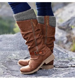 Cowgirl Boots, Women Zipper Chunky Heel Middle Tube Round Toe Boots Z-02 Brown $22.71 Boots