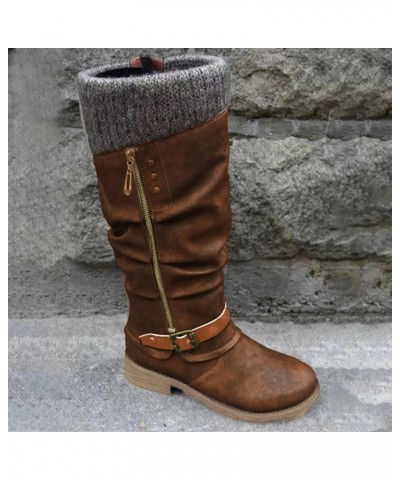 Cowgirl Boots, Women Zipper Chunky Heel Middle Tube Round Toe Boots Z-02 Brown $22.71 Boots