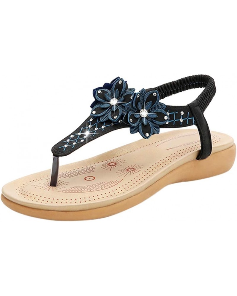 Womens Flat-Sandals Bohemia Mini-Wedge Floral Platform-Thongs Black $16.10 Sandals