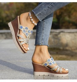 Women's Fashion Wedge Sandals Crystal Strap Diamond Wedge High Heels Heel Sandals for Women Platform Blue $16.73 Outdoor Shoes