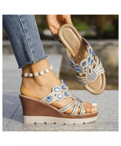 Women's Fashion Wedge Sandals Crystal Strap Diamond Wedge High Heels Heel Sandals for Women Platform Blue $16.73 Outdoor Shoes