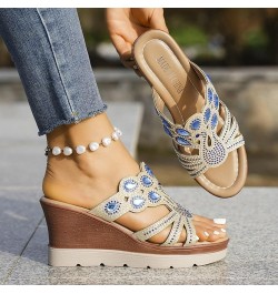 Women's Fashion Wedge Sandals Crystal Strap Diamond Wedge High Heels Heel Sandals for Women Platform Blue $16.73 Outdoor Shoes