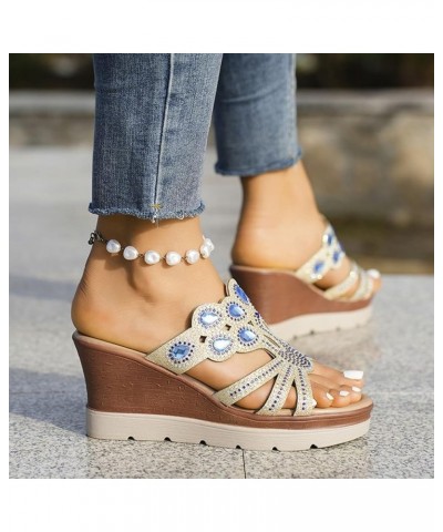 Women's Fashion Wedge Sandals Crystal Strap Diamond Wedge High Heels Heel Sandals for Women Platform Blue $16.73 Outdoor Shoes