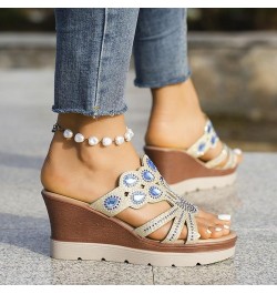 Women's Fashion Wedge Sandals Crystal Strap Diamond Wedge High Heels Heel Sandals for Women Platform Blue $16.73 Outdoor Shoes