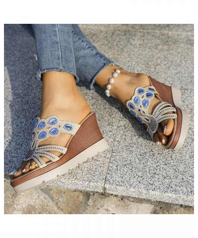 Women's Fashion Wedge Sandals Crystal Strap Diamond Wedge High Heels Heel Sandals for Women Platform Blue $16.73 Outdoor Shoes