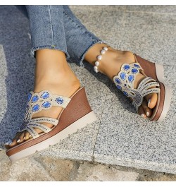 Women's Fashion Wedge Sandals Crystal Strap Diamond Wedge High Heels Heel Sandals for Women Platform Blue $16.73 Outdoor Shoes