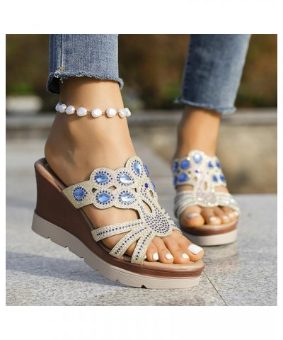 Women's Fashion Wedge Sandals Crystal Strap Diamond Wedge High Heels Heel Sandals for Women Platform Blue $16.73 Outdoor Shoes