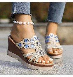 Women's Fashion Wedge Sandals Crystal Strap Diamond Wedge High Heels Heel Sandals for Women Platform Blue $16.73 Outdoor Shoes