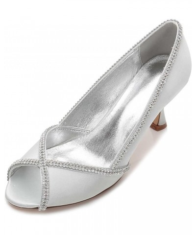 Satin Wedding Shoes Slip On Rhinestone Bridal Shoes Open Toe Women Mary Jane Low Heels Pumps Wedding Dress Shoes Silver $36.9...