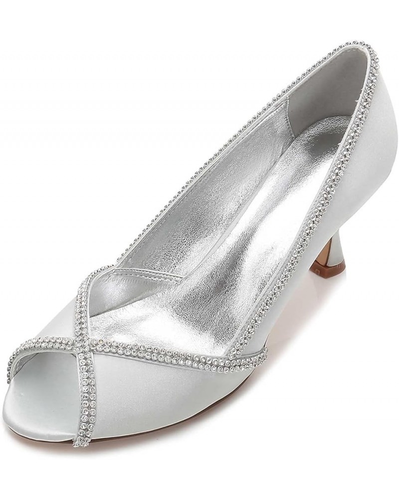 Satin Wedding Shoes Slip On Rhinestone Bridal Shoes Open Toe Women Mary Jane Low Heels Pumps Wedding Dress Shoes Silver $36.9...