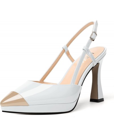 Womens Patent Adjustable Strap Bridal Pointed Toe Dress Buckle Spool High Heel Pumps Shoes 4 Inch Beige White $34.84 Pumps