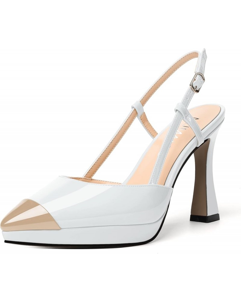 Womens Patent Adjustable Strap Bridal Pointed Toe Dress Buckle Spool High Heel Pumps Shoes 4 Inch Beige White $34.84 Pumps