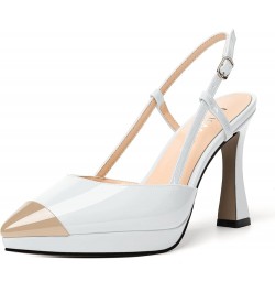 Womens Patent Adjustable Strap Bridal Pointed Toe Dress Buckle Spool High Heel Pumps Shoes 4 Inch Beige White $34.84 Pumps