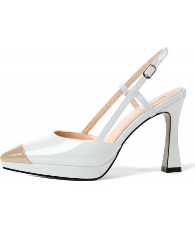 Womens Patent Adjustable Strap Bridal Pointed Toe Dress Buckle Spool High Heel Pumps Shoes 4 Inch Beige White $34.84 Pumps