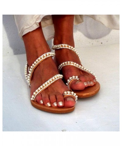 Comfortable Open Women Light Beach Sandals Breathable Beaded Roman Toe Flat Shoe Womens Sandals Size 40 White $16.75 Sandals