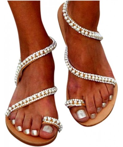 Comfortable Open Women Light Beach Sandals Breathable Beaded Roman Toe Flat Shoe Womens Sandals Size 40 White $16.75 Sandals