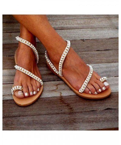 Comfortable Open Women Light Beach Sandals Breathable Beaded Roman Toe Flat Shoe Womens Sandals Size 40 White $16.75 Sandals