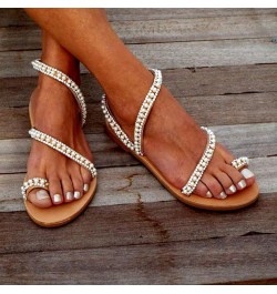 Comfortable Open Women Light Beach Sandals Breathable Beaded Roman Toe Flat Shoe Womens Sandals Size 40 White $16.75 Sandals