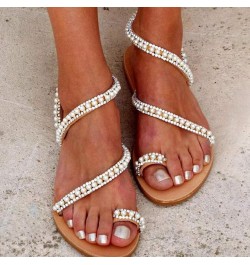 Comfortable Open Women Light Beach Sandals Breathable Beaded Roman Toe Flat Shoe Womens Sandals Size 40 White $16.75 Sandals