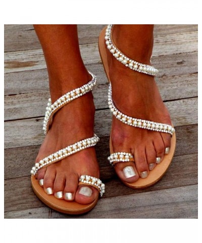 Comfortable Open Women Light Beach Sandals Breathable Beaded Roman Toe Flat Shoe Womens Sandals Size 40 White $16.75 Sandals