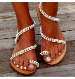 Comfortable Open Women Light Beach Sandals Breathable Beaded Roman Toe Flat Shoe Womens Sandals Size 40 White $16.75 Sandals