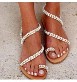 Comfortable Open Women Light Beach Sandals Breathable Beaded Roman Toe Flat Shoe Womens Sandals Size 40 White $16.75 Sandals