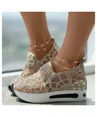 Platform Sneakers for Women Breathable Embroidery Floral Mesh Air Lace Wedge Running Shoes Casual Slip-on Loafers Shoes D-gol...