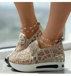 Platform Sneakers for Women Breathable Embroidery Floral Mesh Air Lace Wedge Running Shoes Casual Slip-on Loafers Shoes D-gol...