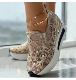 Platform Sneakers for Women Breathable Embroidery Floral Mesh Air Lace Wedge Running Shoes Casual Slip-on Loafers Shoes D-gol...