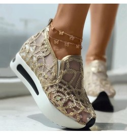 Platform Sneakers for Women Breathable Embroidery Floral Mesh Air Lace Wedge Running Shoes Casual Slip-on Loafers Shoes D-gol...