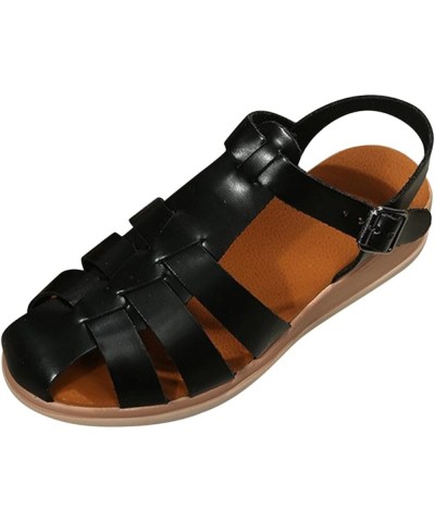 Ladies Fashion Solid Leather Strap Combination Buckle Wedge Roman Sandals Olive Sandals for Women Heels Black $12.45 Slippers